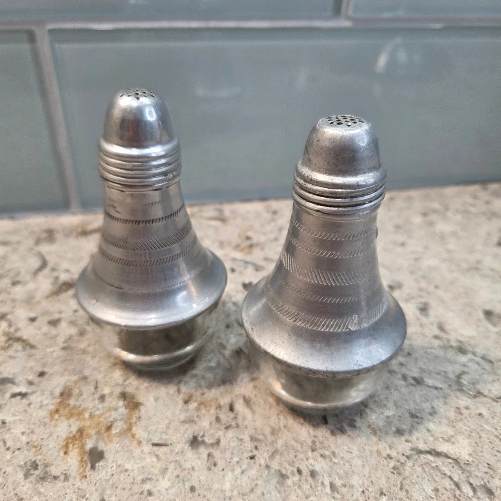 Vintage MCM Aluminum Glass Salt and Pepper Shakers Set Bell Shape 1950'S